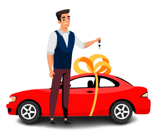 Illustration of a man presenting a red car with a gift bow