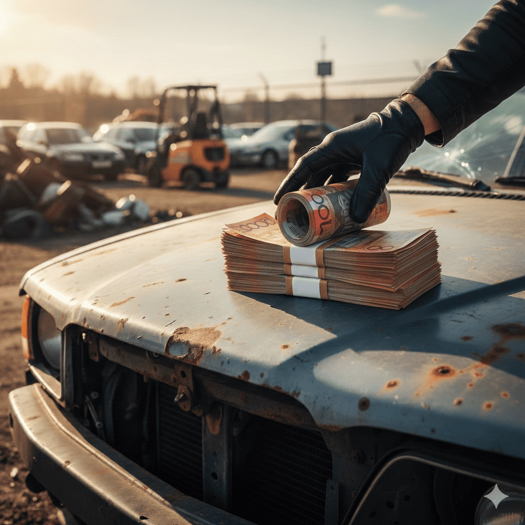 Gloved hand placing a stack of cash on the bonnet of an old car